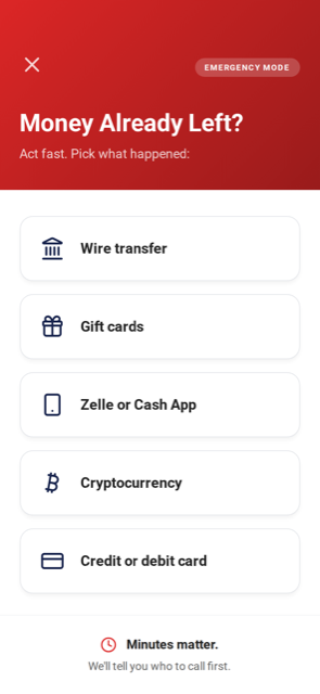 Emergency mode screen titled Money Already Left, listing ways money may have been sent so Kept Safe can tell you who to call first