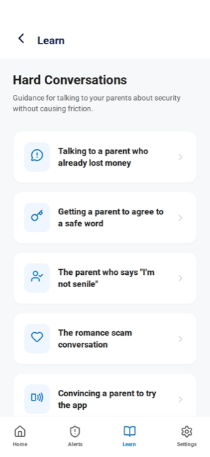 Hard Conversations screen with guides for talking to parents about security, including the parent who says I'm not senile