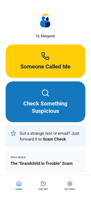 Kept Safe home screen with two large buttons: Someone Called Me, and Check Something Suspicious